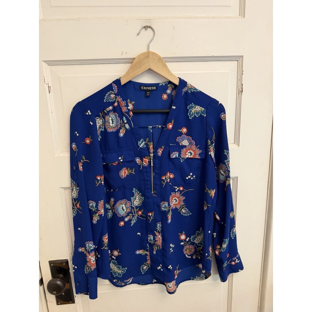 Express Women's Blue Floral Half Zip‎ Blouse Pockets Roll Tab Sleeves Size Small
